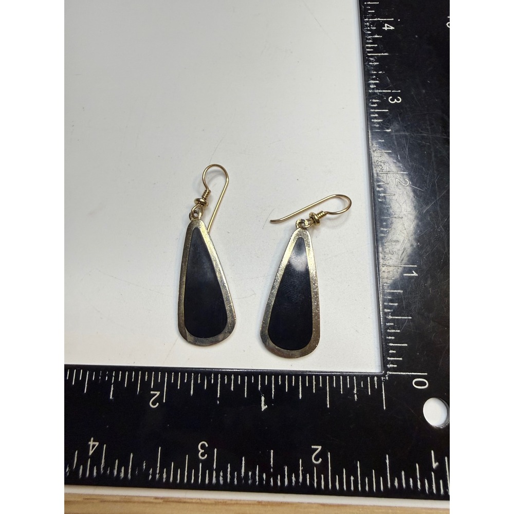 Laurel Burch Black Inlay Teardrop Dangle Earrings Gold Tone‎ French Wire